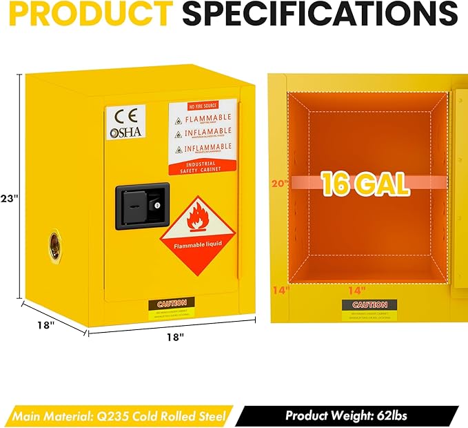 Flammable Storage Cabinet 34"x34"x65", 90 Gallon Chemical Safety Cabinet with Adjustable Shelf, Thickened Galvanized Steel Fireproof Cabinet for Flammable Liquids (23"x18"x18")