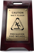 Premium Wooden Caution Wet Floor Sign – Bilingual w/Non-Skid Plastic Feet – For Hotels, Schools, Offices, Areas, Restrooms, Pool Decks & Shops - Brass Plate - (2 Pack)