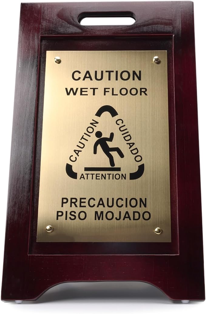Premium Wooden Caution Wet Floor Sign – Bilingual w/Non-Skid Plastic Feet, Brass Plate – For Hotels, Schools, Offices, Areas, Restrooms, Pool Decks & Shops