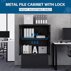 Metal File Cabinet with Drawer, Lockable Vertical Lateral Filing Storage Cabinet, File Cabinet with Storage Cabinet for Home Office, Legal/Letter/A4 Size Steel File Storage Cabinets, Black