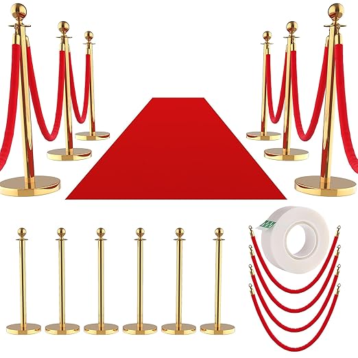12Pcs Stainless Steel Stanchion Posts with 5ft Red Velvet Ropes - Crowd Control Barriers & Queue Line Kit with 26ft Red Carpet for Wedding, Party, Theater Supplies