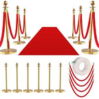 8Pcs Stainless Steel Stanchion Posts with 5ft Red Velvet Ropes - Crowd Control Barriers & Queue Line Kit with 26ft Red Carpet for Wedding, Party, Theater Supplies