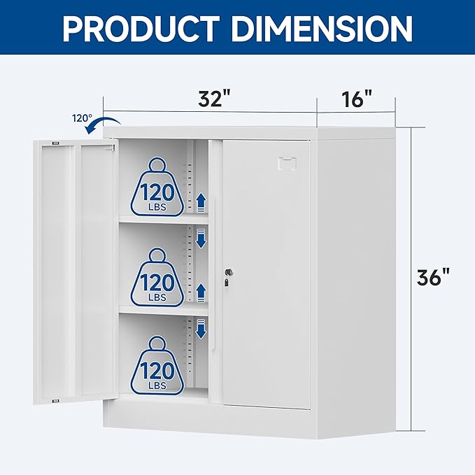 Metal Garage Storage Cabinet with Doors and Shelves，36" Metal Cabinet with Lock,Storage Cabinet for Office,Home,Garage,Gym,School and Tool Rooms-White(Required-Assembly)