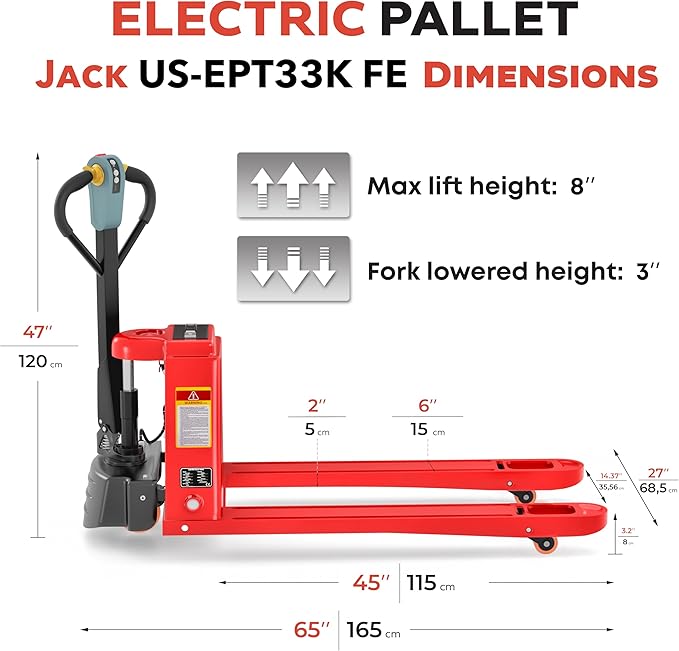 Full Electric Power Pallet Jack – Standard Duty Pallet Truck 3300 Lb Capacity, 48” L x 27” W Fork Size, Plug-in 48V/15A Lithium Battery – Max Lift Height 7.8 Inch - (US-EPT33K-FE)