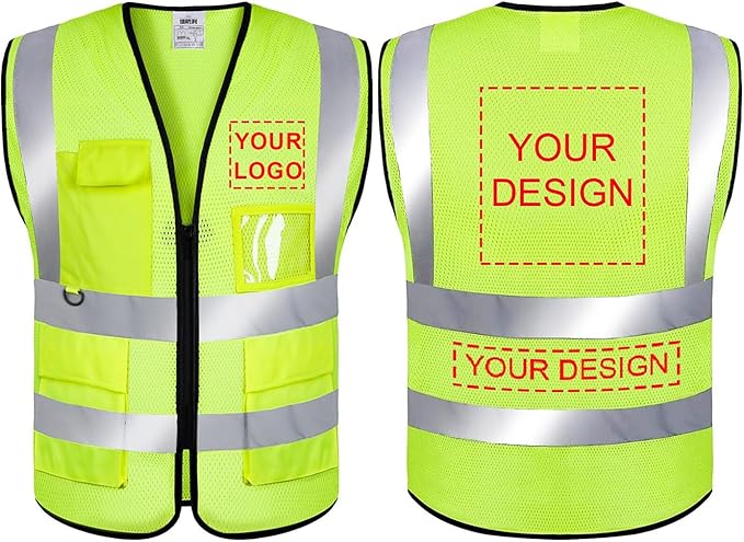 BeautyWill Custom Logo Mesh Safety Vest Class2 High Visibility Reflective Vest with 5 Pockets Construction Security Work Vest ANSI/ISEA Standards（Yellow，4XL ）