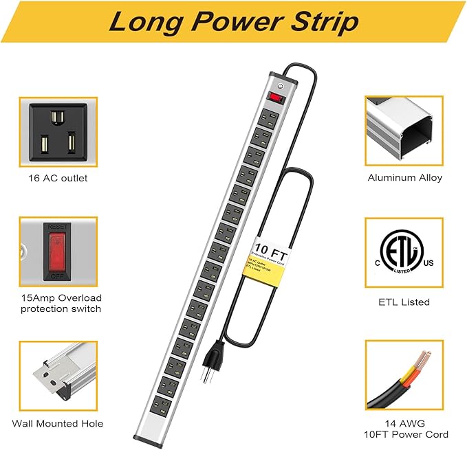 Long Surge Protector Power Strip,16 Outlet Heavy Duty Power Strip Metal Power Bar,10 FT Long Extension Cord with Circuit Breaker for Garage,Workshop,Industrial(125V/1875W, ETL Listed)