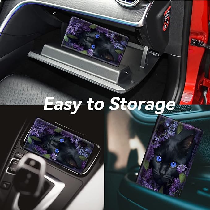 Car Registration and Insurance Holder, Leather Car Glove Box Organizer, Cool Car Accessories for ID, Driver's License Cards & Essential Document, business cards, Men&Women,Cute Black Cat Flower