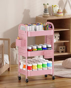 ALVOROG 3 Tier Rolling Cart with DIY Pegboards Metal Utility Cart with Wheels Handles Baskets Hooks, Craft Cart for Office Kitchen Bathroom(Cherry Blossom Pink)