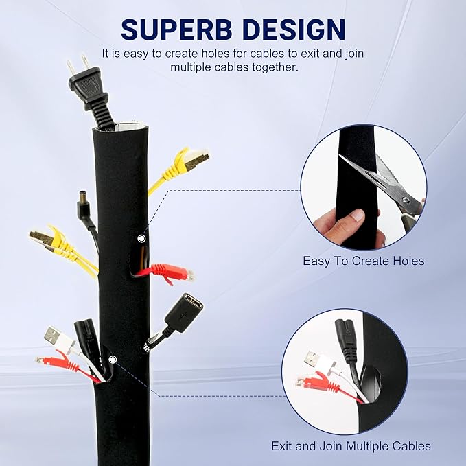 Neoprene Cable Management Sleeve 3.3ft (40 inch) - 1.5 inch, Velcro Cuttable Cord Organizer, Split Wire Loom Tubing Reversible Cord Protector for TV USB PC Ethernet Cable Hider Protect Pets Kids