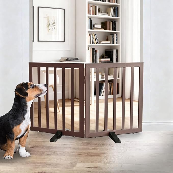 ZJSF Freestanding Indoor Dog Gate for House Foldable Wood Puppy Gate for Doorways Pet Gate for Stairs Extra Wide Pet Fence, Brown, 24" Height 2 Panels
