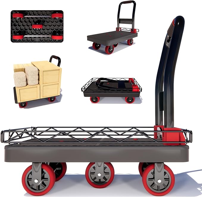 2IN1 Heavy Duty Platform Trucks Flatbed Carts, 42×26In 2000lbs Capacity Push Cart Dolly Hand Trucks w/Detachable Solid Steel Wire Fence, Collapsible Cage Cart Dolly, 5-Inch Silent TPR Wheels