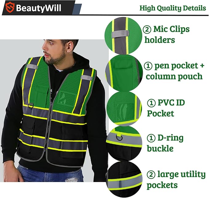 10 Pack Custom Safety Vest Customized Logo Mesh Vest Class 2 High Visibility Reflective Vest with Pockets Workwear（Green Black，XXL ）