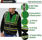 BeautyWill Custom Safety Vest Customized Logo Mesh Vest Class2 High Visibility Reflective Vest with Pockets Workwear（Green Black，S ）