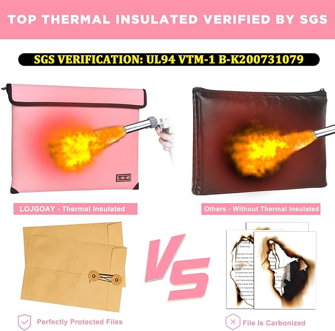Fireproof Bag with 5200℉ Thermal Insulated, Waterproof Fireproof document bag with Zipper, Fireproof Money Bag for Cash, Fireproof Safe Bags for Home Safe Bank Valuable Documents (Pink, 11"x7.7")