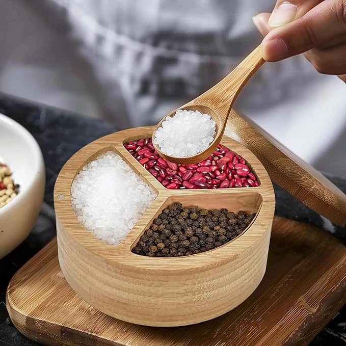 3-Compartment Wooden Salt and Pepper Box, Spice Condiment Holder with Spoon and Adsorptive Lid, 4.7 Inch Kitchen Storage for Seasonings