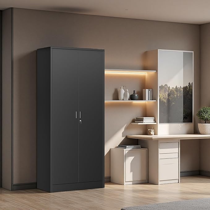 BESFUR Metal Storage Cabinet with 5 Adjustable Shelves and 2 Lockable Doors, 71" Black Garage Storage Cabinet, Locking Cabinet with for Office, School, Garage