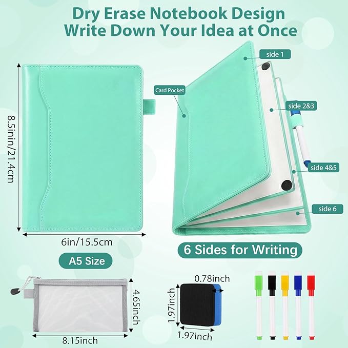 Feifeiya 6 Sides Whiteboard Notebook Portable Whiteboard Dry Erase Notebook Portable Dry Erase Board Double Sided Folding Whiteboards White Board for Office Study Meeting(Mint Green,A5: 6"×9”)
