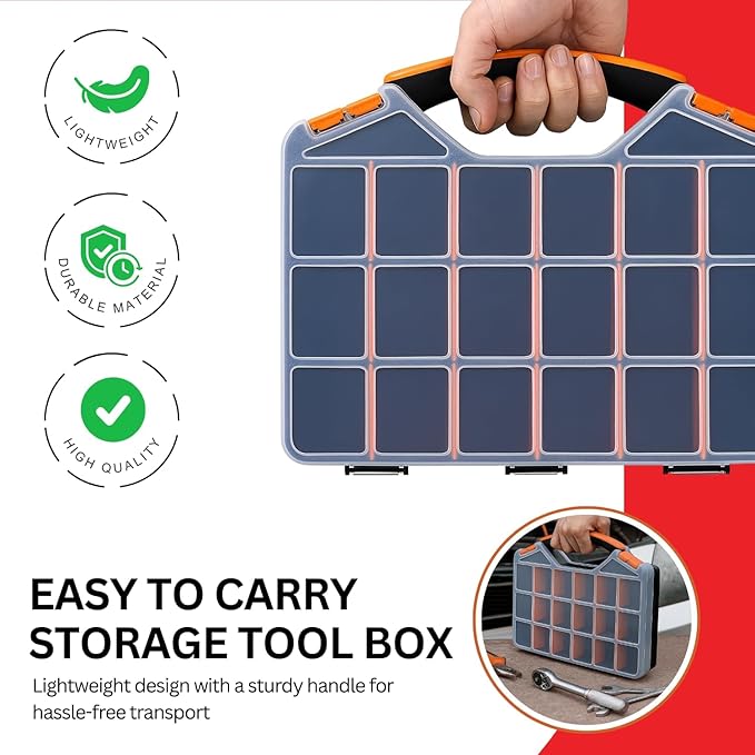 Andalus Tools Organizer Box, Small Parts Storage 18-Compartment Portable Hardware Organizer Removable Plastic Dividers for Screws, Nuts, Bolts, Nails – Orange (1 Pack, 12.5" x 10.5" x 3")