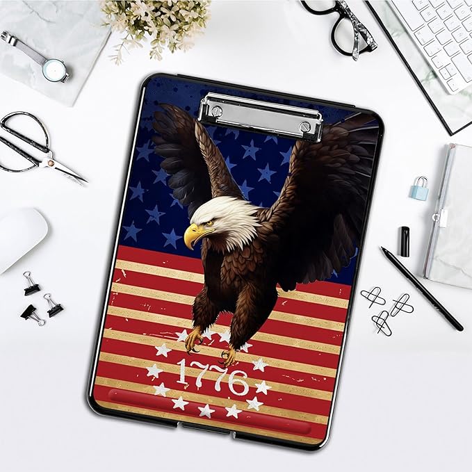 Clipboard with Storage,Office Supplies Nursing Clipboards Folder with Pen Holder Plastic Foldable Clip Board with Storage for Nurse Teacher,Flag Eagle