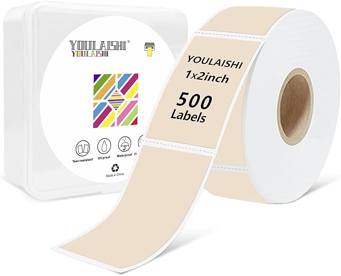 1x2 inch Label Stickers Roll for Thermal Printer 500PCS Colored Removable Freezer Labels Waterproof Blank Sticker Labels to Write on for Food Containers and Jars, Light Brown