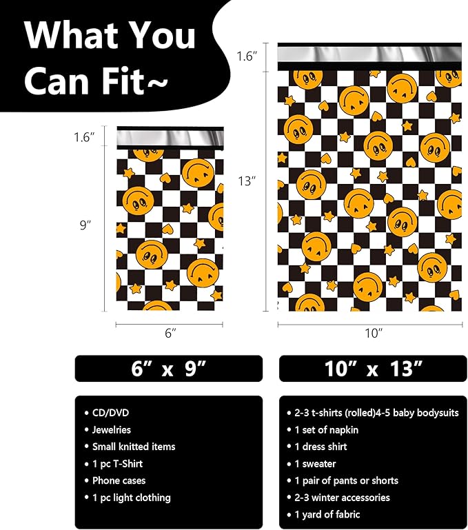 Poly Mailers 10x13 Inch 25 Pcs - Smiles Checkerboard Printed Shipping Bags, 2.4mil Thickness, Waterproof and Tear Resistant Mailing Envelopes, Self-Sealing Packaging Bags for Small Business