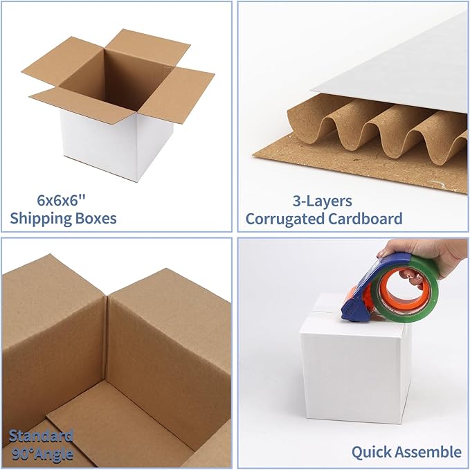 Hoikwo 6x6x6 Shipping Boxes Set of 40, White Corrugated Cardboard Box for Small Business for Packaging Mailing