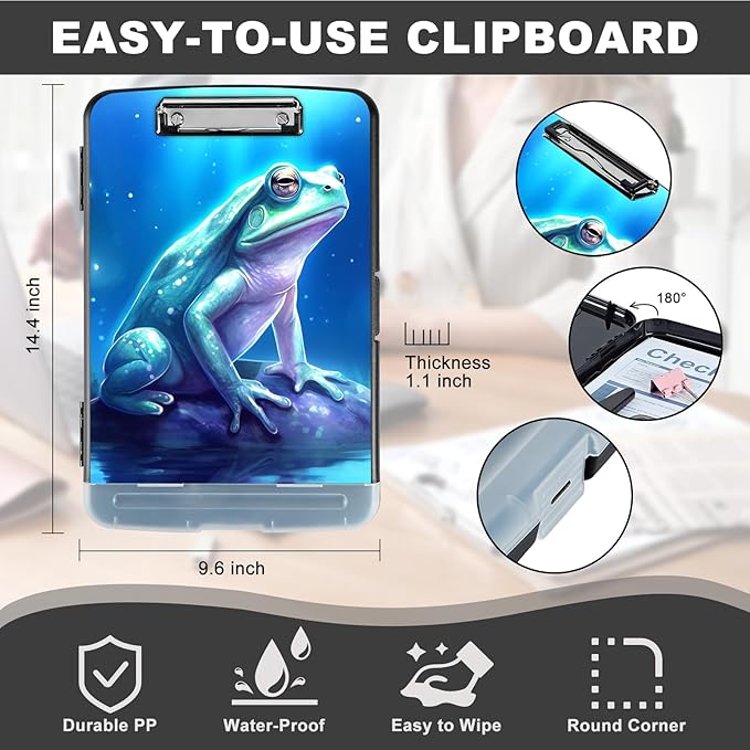 Clipboard with Storage,Heavy Duty Plastic Storage Clipboard with Low Profile Clip,Teacher Must Haves,Office Supplies,Frog in a Lake