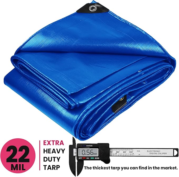 PROTARP Extreme Heavy Duty 22 Mil Tarp Cover, Waterproof, UV Resistant, Rip and Tear Proof, Poly Tarpaulin with Reinforced Edges for Roof, Camping, Patio, Pool, Boat. (Blue 30′ X 70′)