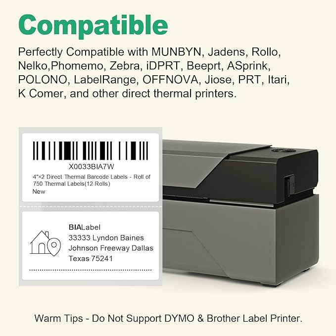 12 Rolls 4" X 2" Barcode Labels, 750/Roll - Direct Thermal Labels Compatible with Zebra & Rollo Printers, BIAlabel
