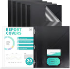 Binditek 20 Pack Clear Front Report Covers with 3 Prongs, 100-Sheet Capacity, Heavy-Duty Plastic Report Folder with Black Back Covers, 3 Metal Prongs Fasteners, Card Slot, for Letter Size