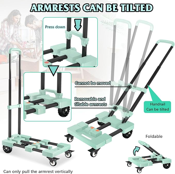 Heavy-Duty 500LB Capacity Hand Truck with One-Touch Retractable Handle & Extendable Plate, Portable Collapsible Dolly Cart with 4 Wheels w/Brakes Folding Luggage Cart for Travel/Home Use, Green