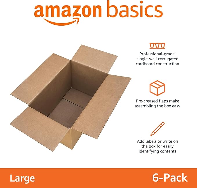 Amazon Basics Cardboard Moving Boxes - 6-Pack, Large, 20" x 20" x 15", Brown