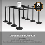Qbuster Black Stanchions with Retractable Belts, Crowd Control Safety Barrier with 11’ Black Belts, 1 Sign Holder, Set of 8 Posts