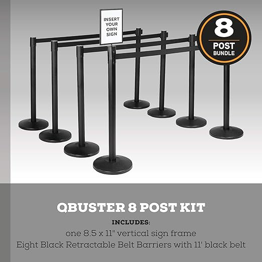 Qbuster Black Stanchions with Retractable Belts, Crowd Control Safety Barrier with 11’ Black Belts, 1 Sign Holder, Set of 8 Posts
