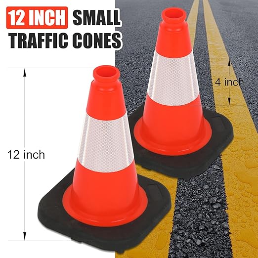 Fluorescent Orange/Green PVC Traffic Cones, Heavy Black Base Parking Lot Cone Structurally Stable Weatherproof Road Construction Safety Cones (8, Orange, 12" Small)