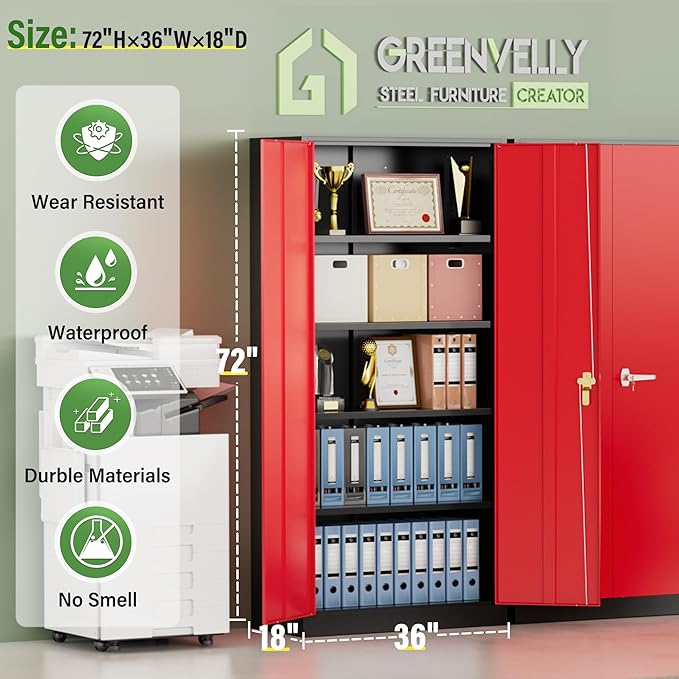 Greenvelly Metal Storage Cabinet, 72" Steel Garage Cabinet with Doors and Adjustable Shelves, Tall Metal Office Storage cabinets for Garage,Home Office,School (Black Red)