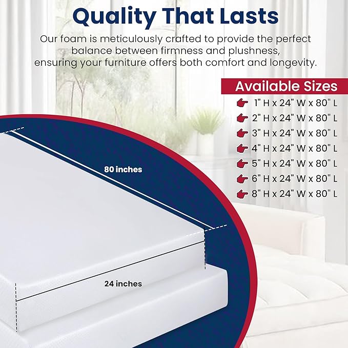 RaceCityFoam Upholstery Foam 2"T x 24"W x 80"L 36ILD (Semi Firm) Upholstery Foam Cushion High Density CertiPUR-US Certified Foam, Made in USA