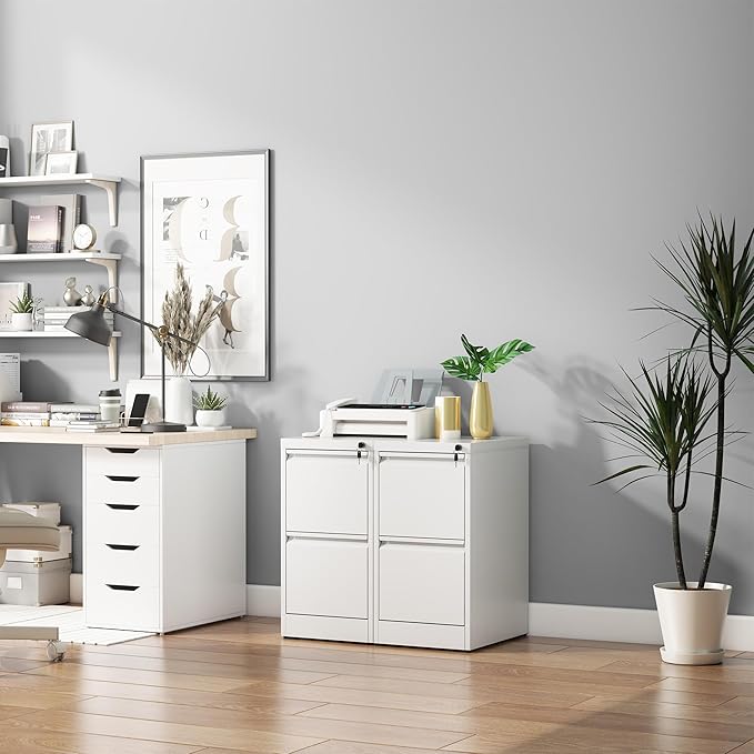 2 Drawer File Cabinet with Lock, Vertical Filing Cabinets for Home Office, Metal Storage Cabinets, Heavy Duty File Cabinet for Letter/Legal/A4/F4 Size Amssebly Required, White