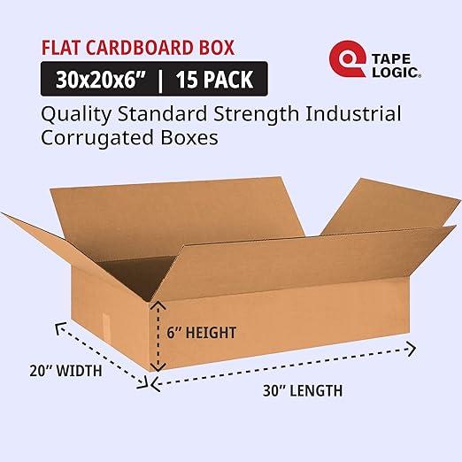 TAPE LOGIC 30x20x6 Flat Corrugated Boxes, Flat, 30L x 20W x 6H, Pack of 15 | Shipping, Packaging, Moving, Storage Box for Home or Business, Strong Wholesale Bulk Boxes