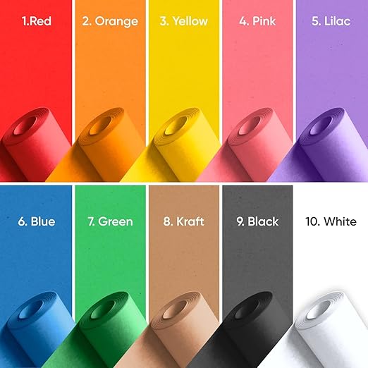 36" x 1200" (100 ft) Pack of 10 Rolls USA-Made Multi-Color Kraft Paper, 45 lbs/66 GSM – Colored Kraft Paper for Packing, Crafts, DIY Projects, Gift Wrapping – Non-Toxic, Safe for Kids