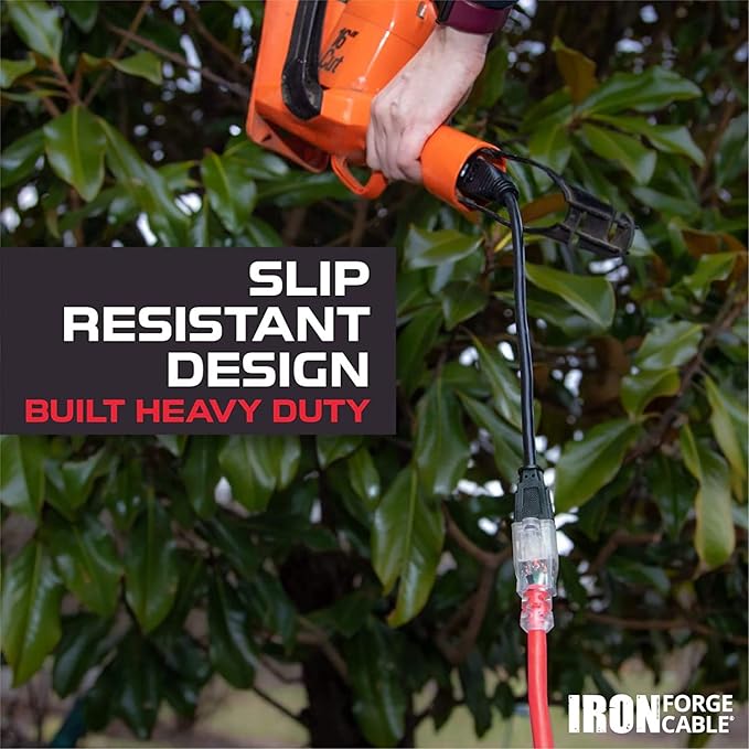 Iron Forge Cable 6 ft Lighted Outdoor Extension Cord - 12/3 SJTW Heavy Duty Red Extension Cable with 3 Prong 15 AMP Grounded Plug for Safety