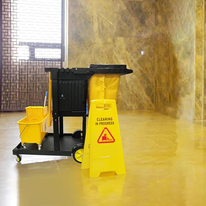 Commercial Janitorial Cart with Key-Locking Cabinet | 500 Lbs Capacity 48" D x 19" W x 39" H Cleaning Carts on Wheels | Janitorial Supplies Housekeeping Cart for Business School Office