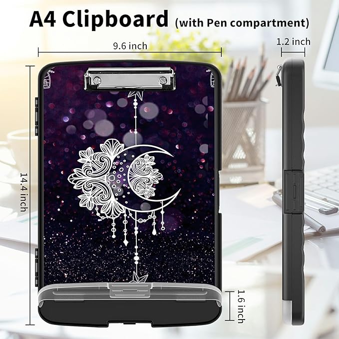 Clipboard with Storage High Capacity Plastic Nursing Clipboards with Pen Holder File Folder Storage Box Clipboard with Heavy Duty Clips for Teacher,Doctor,Offices-Moon Star Galaxy Florals