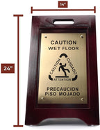 Premium Wooden Caution Wet Floor Sign – Bilingual w/Non-Skid Plastic Feet, Brass Plate – For Hotels, Schools, Offices, Areas, Restrooms, Pool Decks & Shops