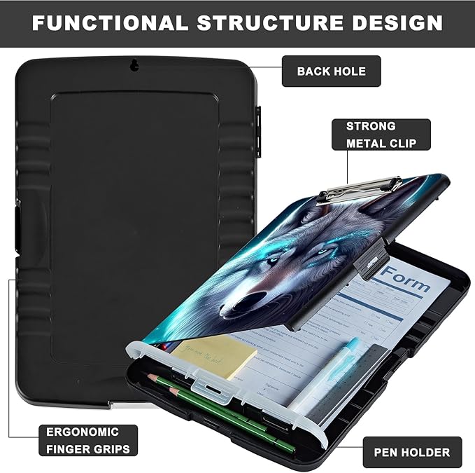 Clipboard with Storage,Heavy Duty Plastic Storage Clipboard with Low Profile Clip,Teacher Must Haves,Office Supplies,Galaxy Wolfs Cyan