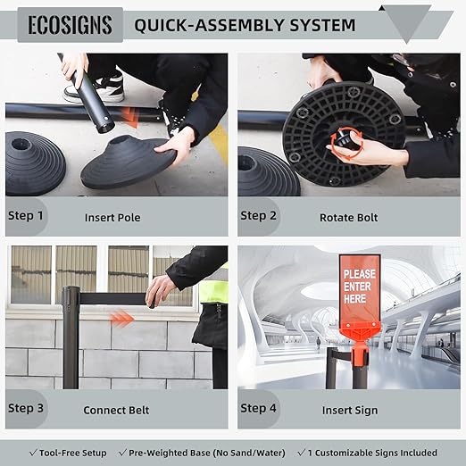 ECOSlGNS 6 Pack Commercial-Grade Stanchions with Retractable Belts - Black Stanchion Posts Set Crowd Control Barriers 10ft Line Dividers with Weighted Rubber Base & Sign Holders for Queue Management