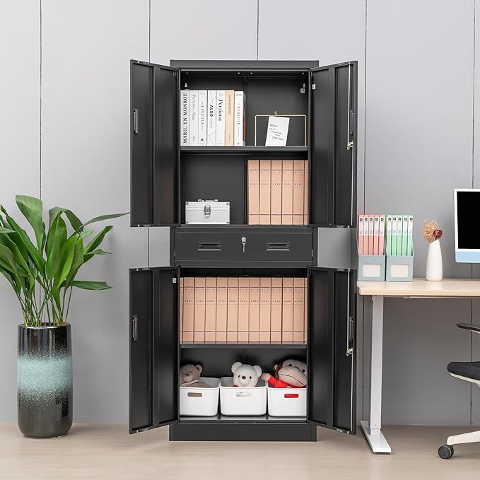 BESFUR 71" H Metal Storage Cabinet with 1 Lockable Drawer and 2 Lockable Doors, Garage Storage Cabinet with 2 Adjustable Shelves, Locking Cabinet for Garage, Office, School - Black
