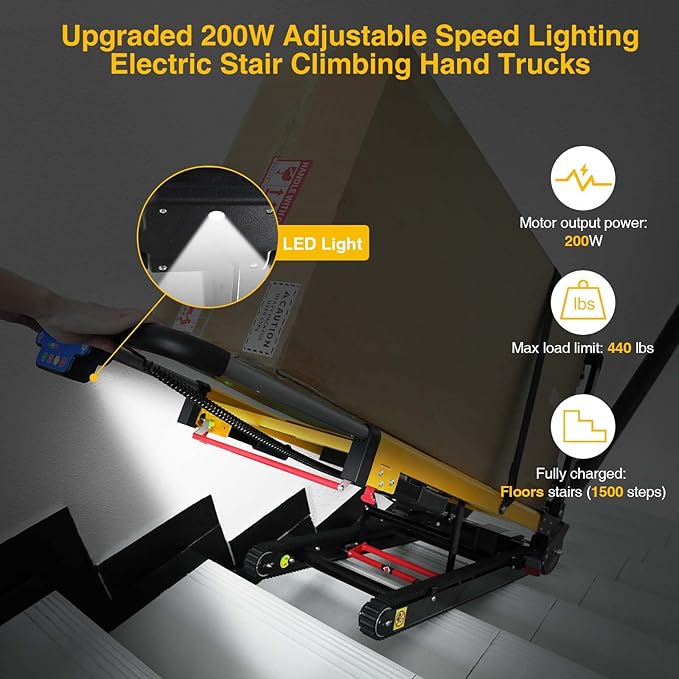 Electric Stair Climbing Dolly, Heavy Duty, Powered Stair Climber Dolly Cart with 6 Wheels Motor Powered for Furniture Logistics Warehouse, Black & Yellow, 200W