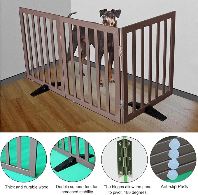ZJSF Freestanding Indoor Dog Gate for House Foldable Wood Puppy Gate for Doorways Pet Gate for Stairs Extra Wide Pet Fence, Brown, 32" Height 2 Panels