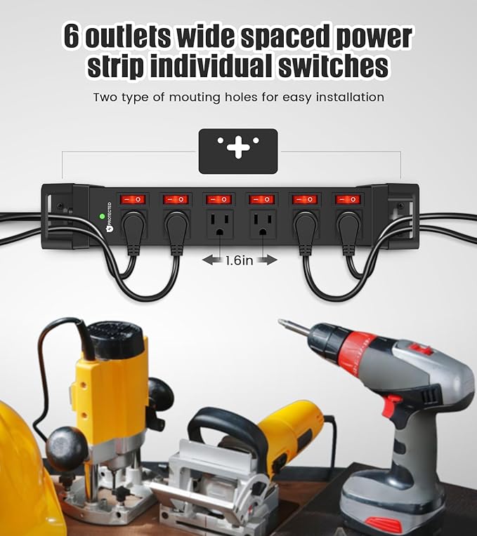 Heavy Duty Power Strip,6 Outlets Metal Power Strip with Individual Switch & Cord Management,Mountable Surge Protector 1200J,10FT Extension Cord (Black,10 FT)